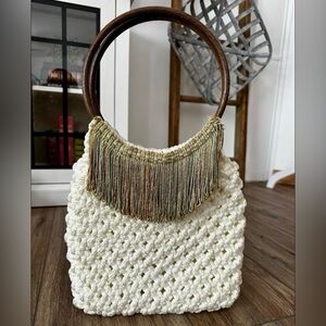 Vintage Ivory Macrame Handbag Purse with Wood Handles and Fringe Tassels